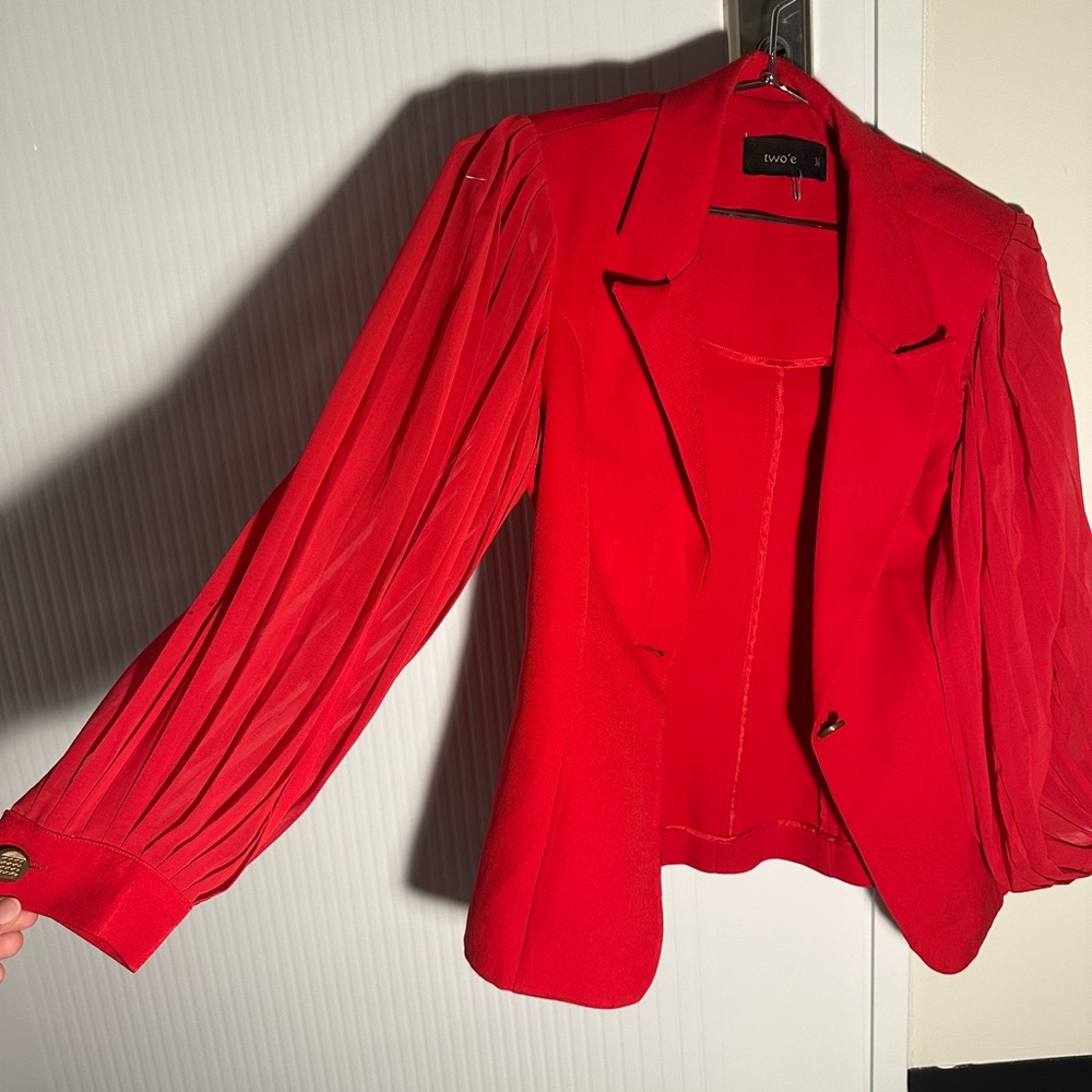 Vibrant Red Blazer with Pleated Sleeves